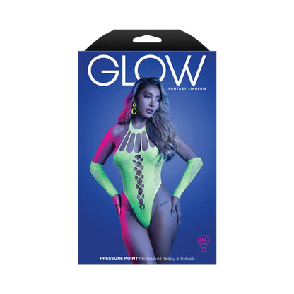 Lingerie - Body Stockings Pressure Point UV Reactive Rhinestone Teddy & Gloves O/S