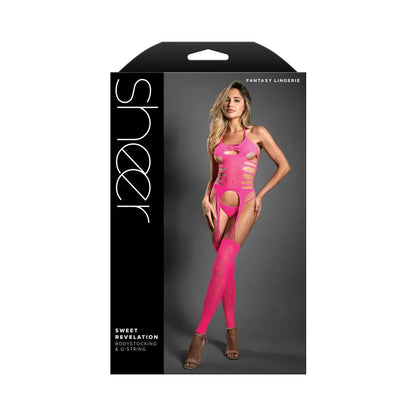 Lingerie - Body Stockings Slashed Cross Knit Halter Bodystocking and G-String Neon Pink O/S