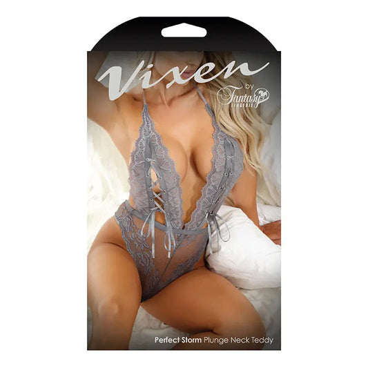 Lingerie - Body Stockings Vixen Perfect Storm Lace Plunge Teddy With Lace-Up Detail Gray L/XL