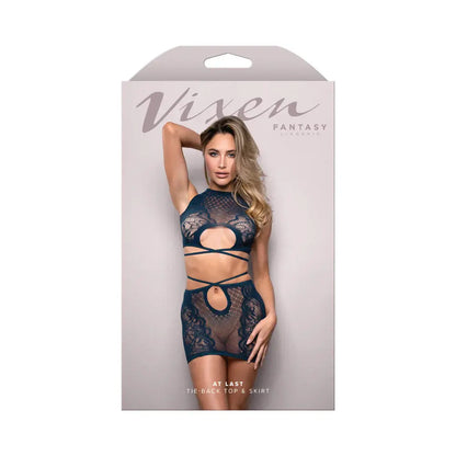Lingerie - Bra and Panty sets At Last Floral Lace Knit Tie-Back Top and Skirt Navy O/S