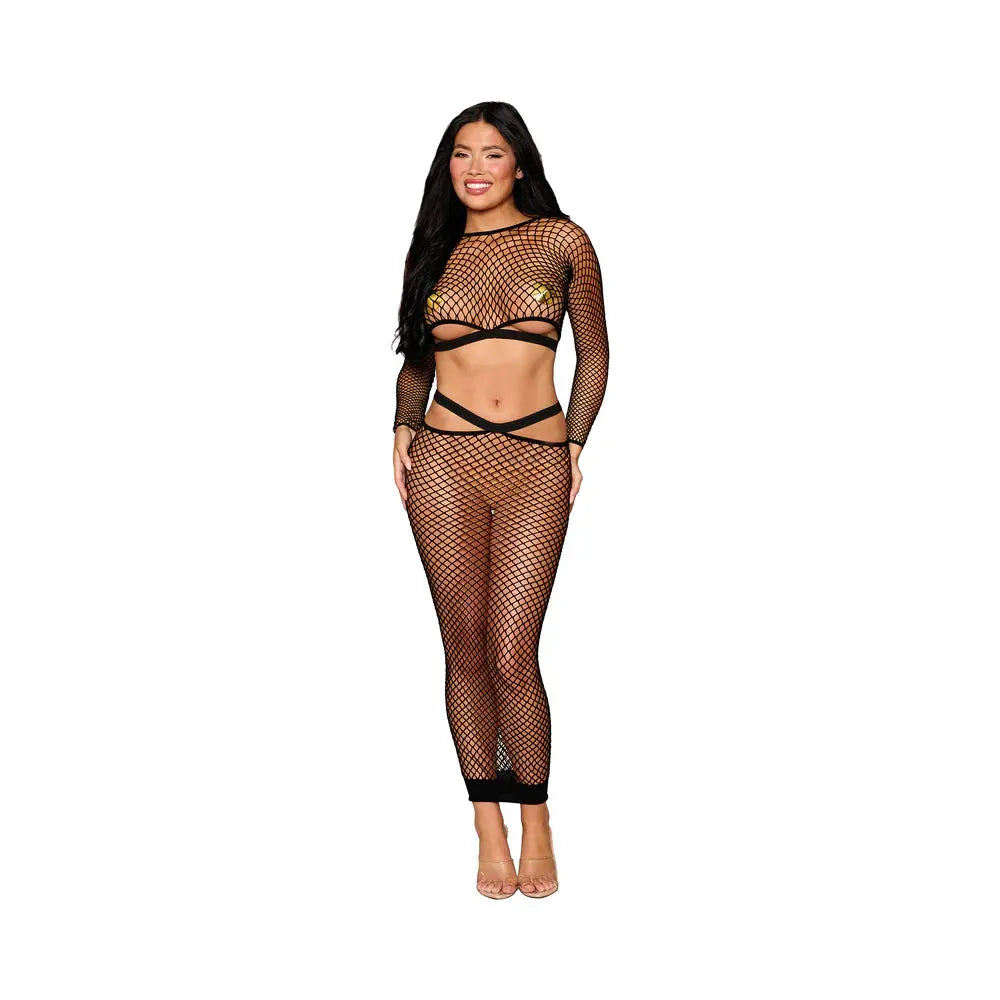 Lingerie - Bra and Panty sets Dreamgirl Fence Net Long Sleeve Bralette and Maxi Skirt Set Black O/S