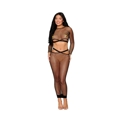 Lingerie - Bra and Panty sets Dreamgirl Fence Net Long Sleeve Bralette and Maxi Skirt Set Black O/S