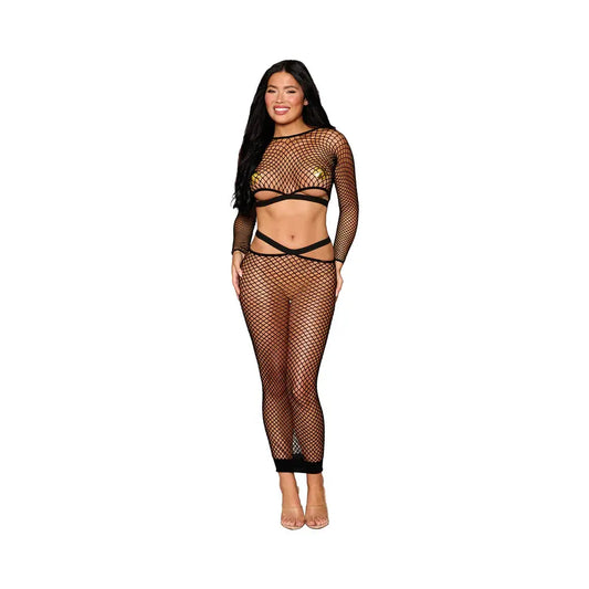 Lingerie - Bra and Panty sets Dreamgirl Fence Net Long Sleeve Bralette and Maxi Skirt Set Black O/S