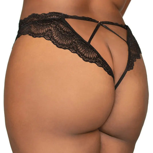 Lingerie - Bra and Panty sets Dreamgirl Lace Tanga Open-Crotch Panty and Elastic Open Back Detail Black 3X Hanging