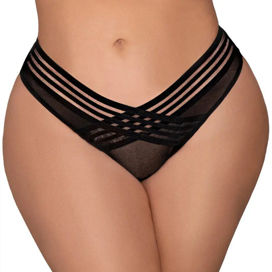Lingerie - Bra and Panty sets Dreamgirl Mesh Thong with Shadow Stripe Elastic Front Detail Black 3X Hanging