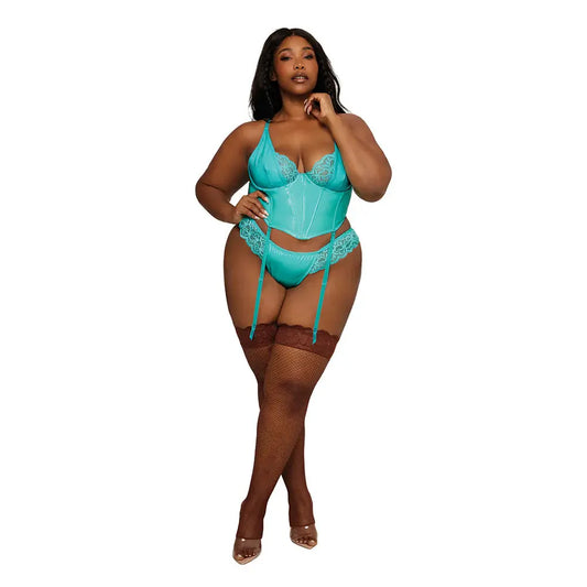 Lingerie - Bra and Panty sets Dreamgirl Stretch Vinyl and Lace Bustier and G-string Set Ocean 3XL