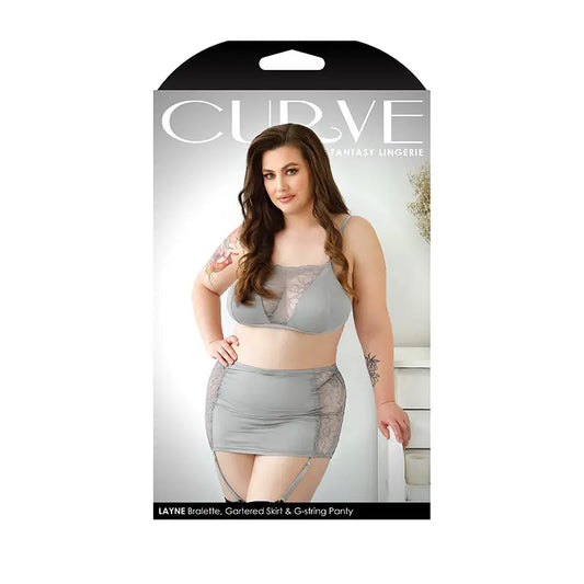 Lingerie - Bra and Panty sets Fantasy Lingerie Curve Layne Lace Panel Bralette, Gartered Skirt, G-String Gray XL/2XL