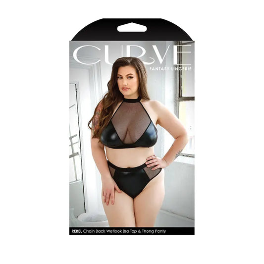 Lingerie - Bra and Panty sets Fantasy Lingerie Curve Rebel Chain Back Wetlook Bra Top & Matching Thong Panty Black 3XL/4XL