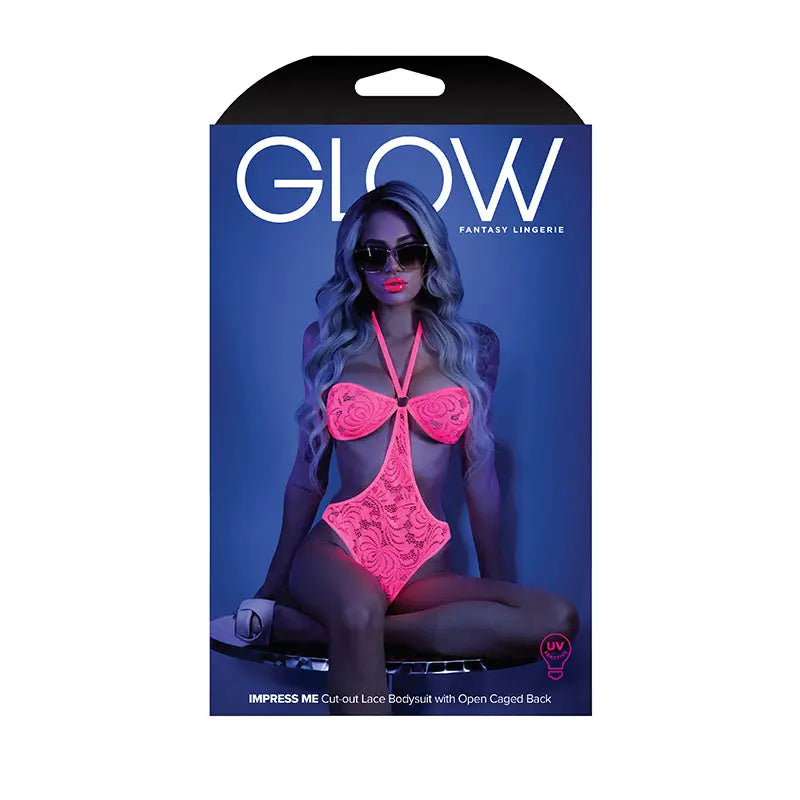 Lingerie - Bra and Panty sets Fantasy Lingerie Glow Impress Me Lace Bodysuit With Open-Cage Back Neon Pink M/L