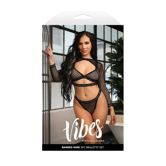 Lingerie - Bra and Panty sets Fantasy Lingerie Vibes Barbed Wire Fishnet Bralette, Shrug & Panty L/XL