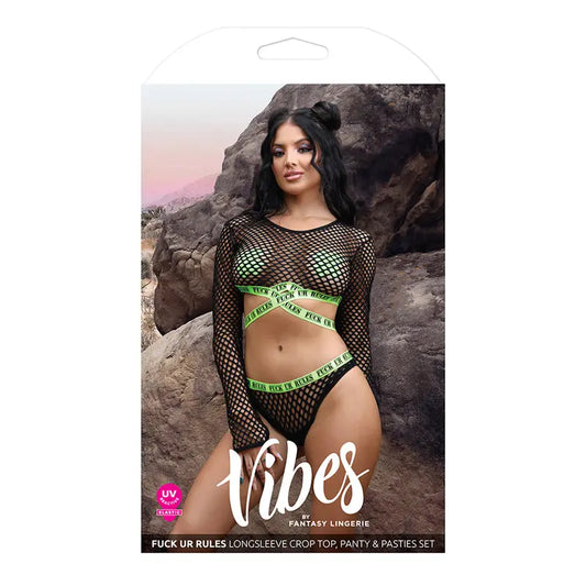 Lingerie - Bra and Panty sets Fantasy Lingerie Vibes Fuck Ur Rules UV Reactive Longsleeve Fishnet Top, Panty, Pasties Black M/L