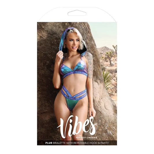 Lingerie - Bra and Panty sets Fantasy Lingerie Vibes Plur Holographic Bralette with Removable Hood & Panty Aqua Holo S/M