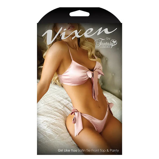Lingerie - Bra and Panty sets Fantasy Lingerie Vixen Girl Like You Satin Tie-Front Top & Matching Side-Tie Panty Light Pink L/XL
