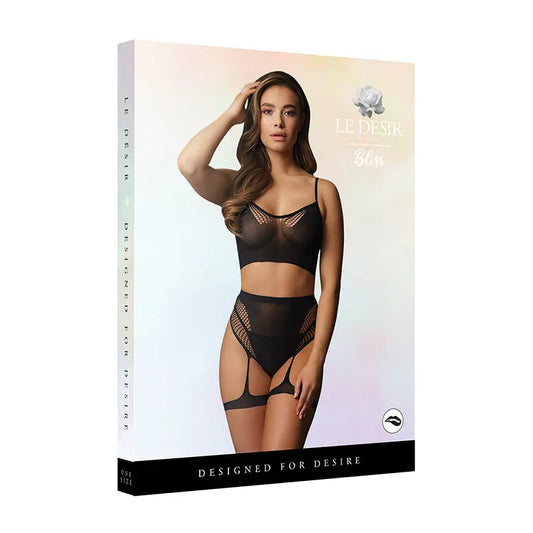 Lingerie - Bra and Panty sets Le Desir Bliss 2-Piece Fishnet Bra & Gartered Panty Set Black O/S