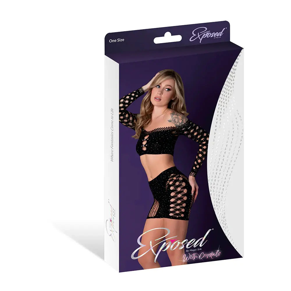 Lingerie - Bra and Panty sets Magic Silk Seamless Crop Top & Short Set Black with Rhinestones O/S