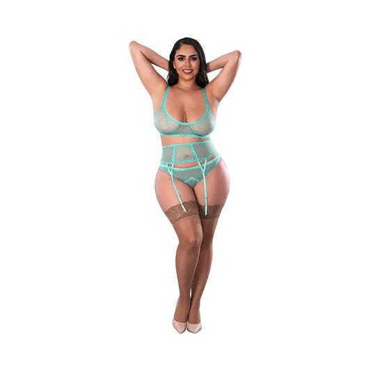 Lingerie - Bra and Panty sets Magic Silk Soft Petals Bralette, Waist Cincher and Panty Set Aqua Queen Size