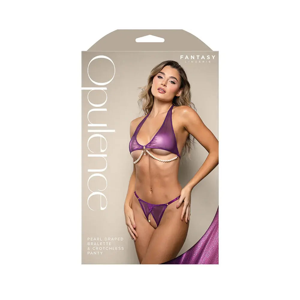 Lingerie - Bra and Panty sets Opulence Foiled Mesh Halter Bralette with Pearl Underbust and Crotchless Panty M/L