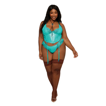 Lingerie - Bra and Panty sets Plus Wet Look Lingerie Vinyl and Lace Bustier and G-string Set Ocean 2XL