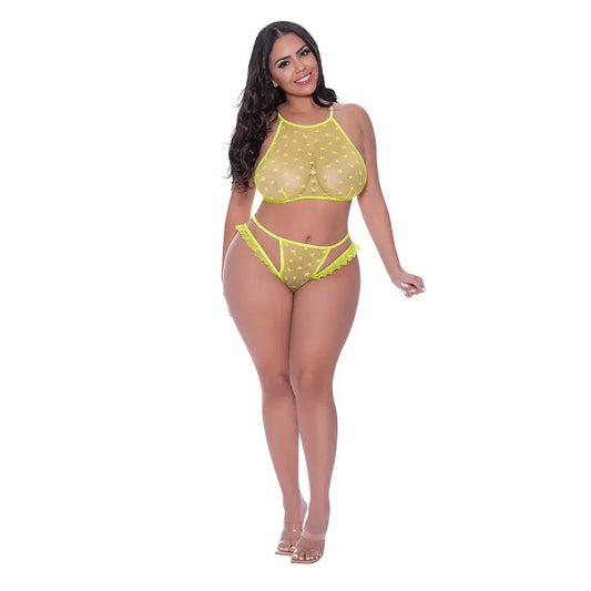 Lingerie - Bra and Panty sets Plus Yellow Lingerie Love Star Halter Crop Bra & Cheeky Panty Set Neon Chartreuse Queen Size