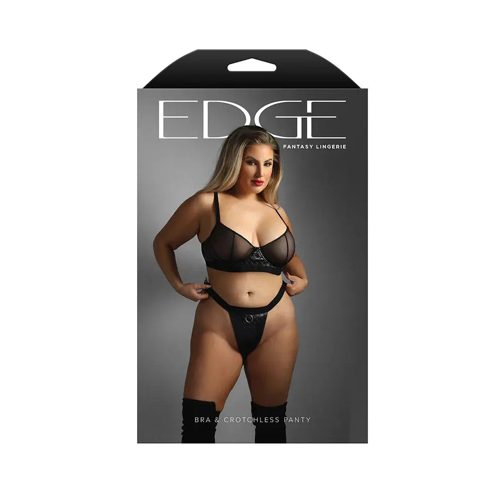 Lingerie - Bra and Panty sets Quilted Wetlook/Mesh Underwire Bra & Crotchless Panty Queen Size
