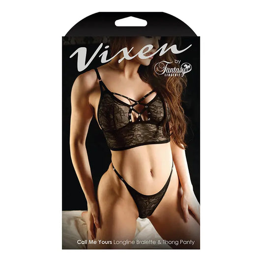 Lingerie - Bra and Panty sets Vixen Call Me Yours Longline Bralette With Grommets & Thong Panty Black L/XL