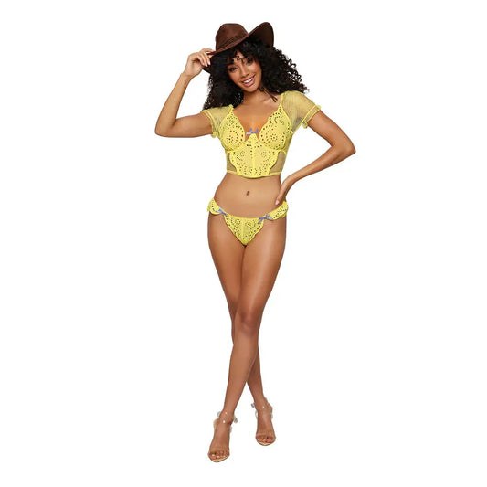 Lingerie - Bra and Panty sets Yellow Lingerie Embroidered Eyelet Band and Stretch Fishnet Bustier and G-string Set Citrus XL
