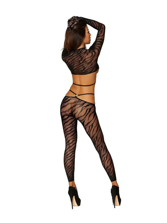 Lingerie - Club Wear Dreamgirl 2-Piece Strappy Animal Print Fishnet Gloved Bralette & Leggings Black O/S