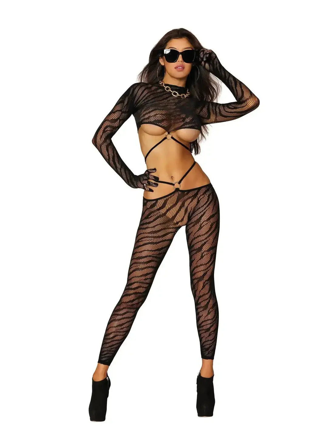 Lingerie - Club Wear Dreamgirl 2-Piece Strappy Animal Print Fishnet Gloved Bralette & Leggings Black O/S