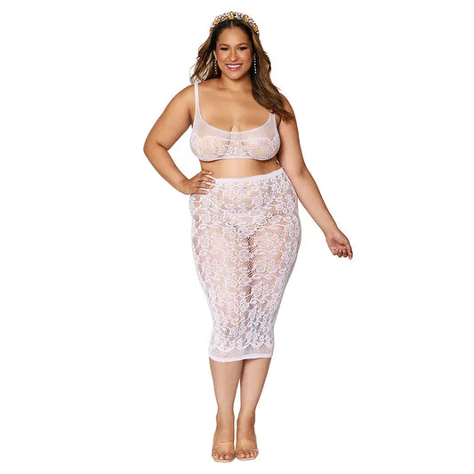 Lingerie - Club Wear Dreamgirl Lace Fishnet Bralette & Slip Skirt White Queen Size
