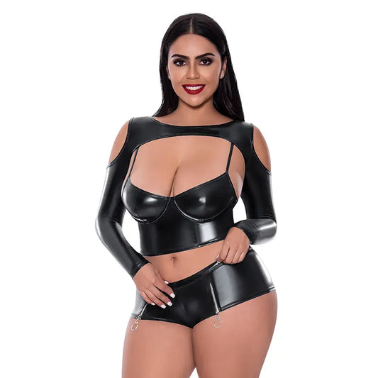 Lingerie - Club Wear Magic Silk Liquid Onyx Camisole, Longsleeve Shrug & Short Set Black Queen