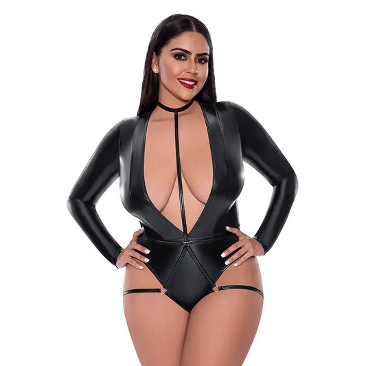 Lingerie - Club Wear Magic Silk Liquid Onyx Long Sleeve Teddy with Harness Caging Black Queen