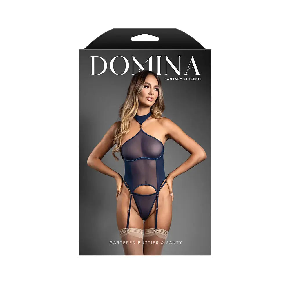 Lingerie - Corsets Blue Lingerie with BDSM Collar Gartered Mesh Monowire Bustier with Detachable Choker Halter & G-String M/L