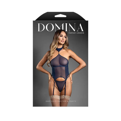 Lingerie - Corsets Blue Lingerie with BDSM Collar Gartered Mesh Monowire Bustier with Detachable Choker Halter & G-String M/L