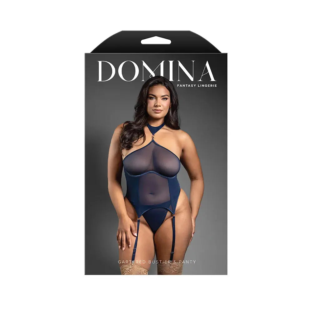 Lingerie - Corsets Plus BDSM Lingerie Gartered Mesh Monowire Bustier with Detachable Choker Halter & G-String Queen Size