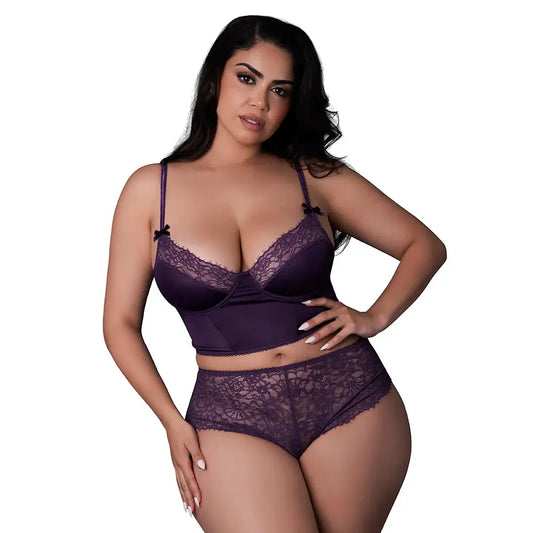 Lingerie - Corsets Plus Balconette Bustier and Cheeky Short Purple Lingerie Queen Size