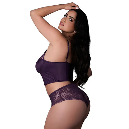 Lingerie - Corsets Plus Balconette Bustier and Cheeky Short Purple Lingerie Queen Size