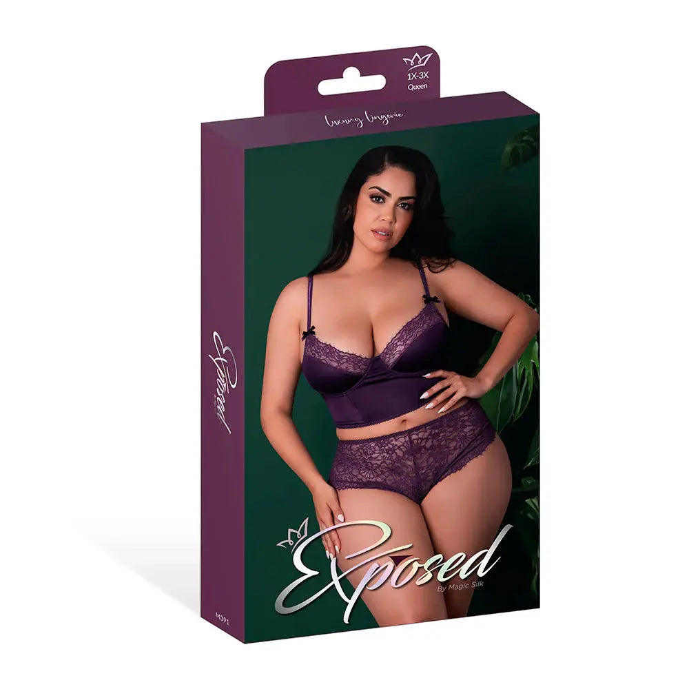 Lingerie - Corsets Plus Balconette Bustier and Cheeky Short Purple Lingerie Queen Size