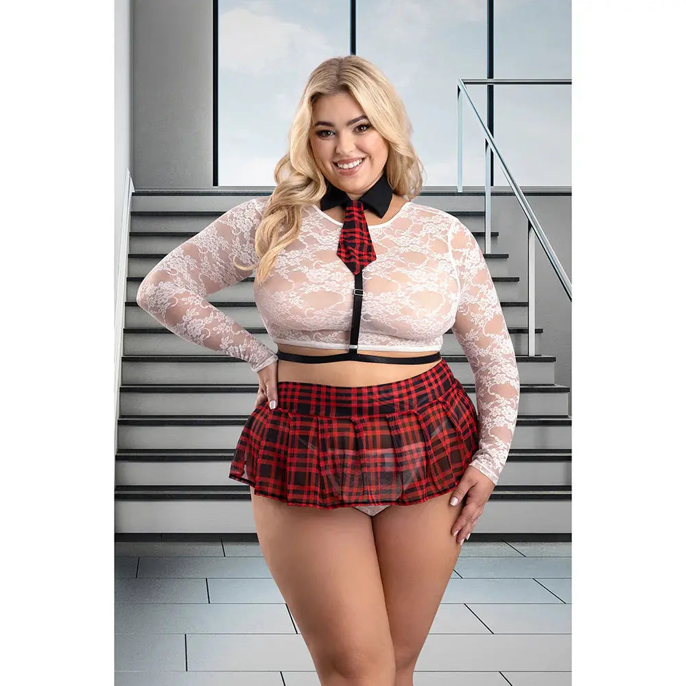 Lingerie - Costumes Plus Size Sexy School Girl Play High Standards 4-Piece School Girl Costume Set Red XL/2XL