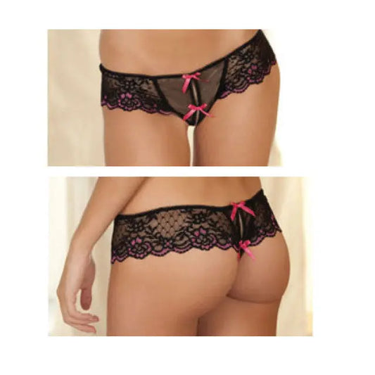 Lingerie - Crotchless Panties Rene Rofe Crotchless Lace Thong With Bows M/L