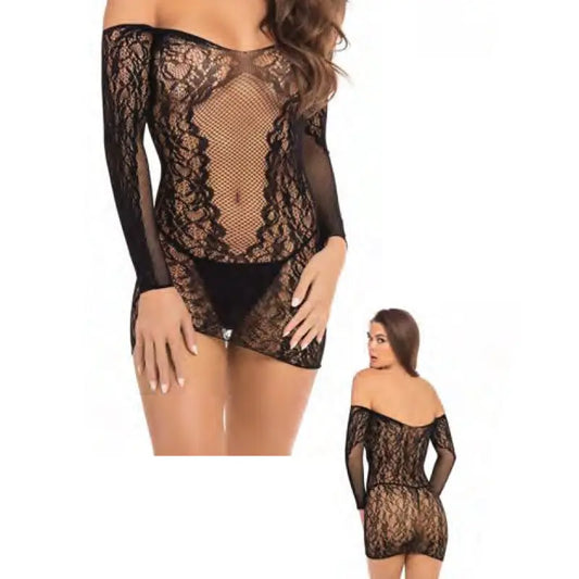 Lingerie - Dresses Rene Rofe Demure Long Sleeve Mini Dress Black M/L