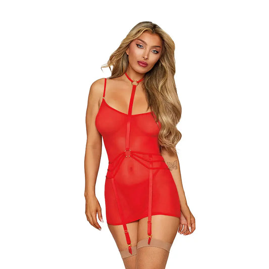 Lingerie - Fetish Wear Dreamgirl Chemise with Garter Harness and G-String Poinsettia O/S
