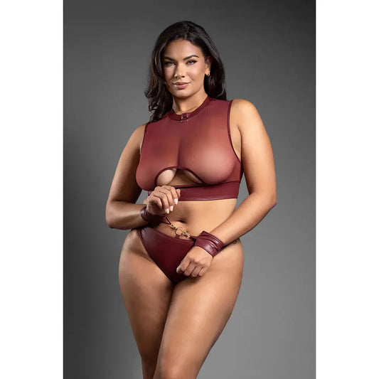 Lingerie - Fetish Wear Faux Leather Cut-Out Top and Crotchless Panty with Handcuffs Queen Size