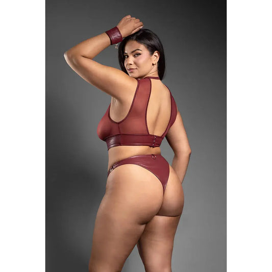 Lingerie - Fetish Wear Faux Leather Cut-Out Top and Crotchless Panty with Handcuffs Queen Size