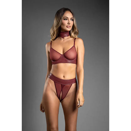 Lingerie - Fetish Wear Faux Leather Lingerie Convertible Bra with Chain BDSM Leash and Open Panty S/M