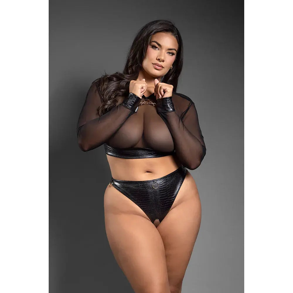 Lingerie - Fetish Wear Faux Leather Plus Lingerie  Mesh Long Sleeve Top and Crotchless Thong Queen Size
