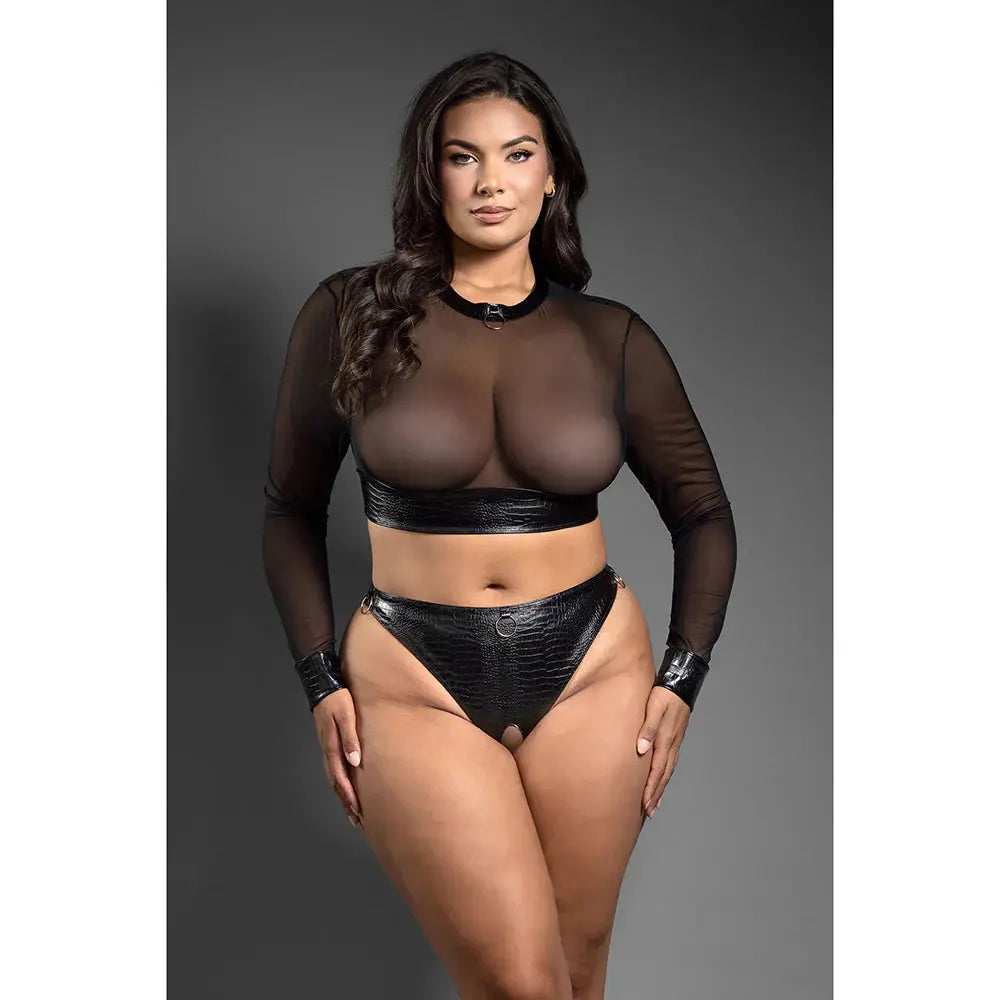 Lingerie - Fetish Wear Faux Leather Plus Lingerie  Mesh Long Sleeve Top and Crotchless Thong Queen Size
