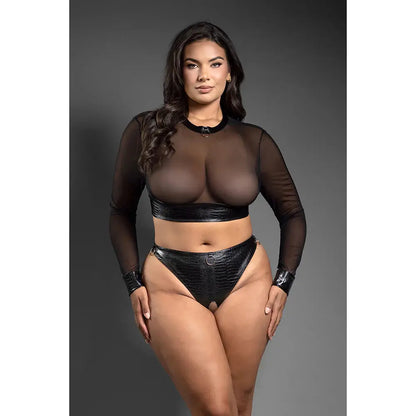 Lingerie - Fetish Wear Faux Leather Plus Lingerie  Mesh Long Sleeve Top and Crotchless Thong Queen Size