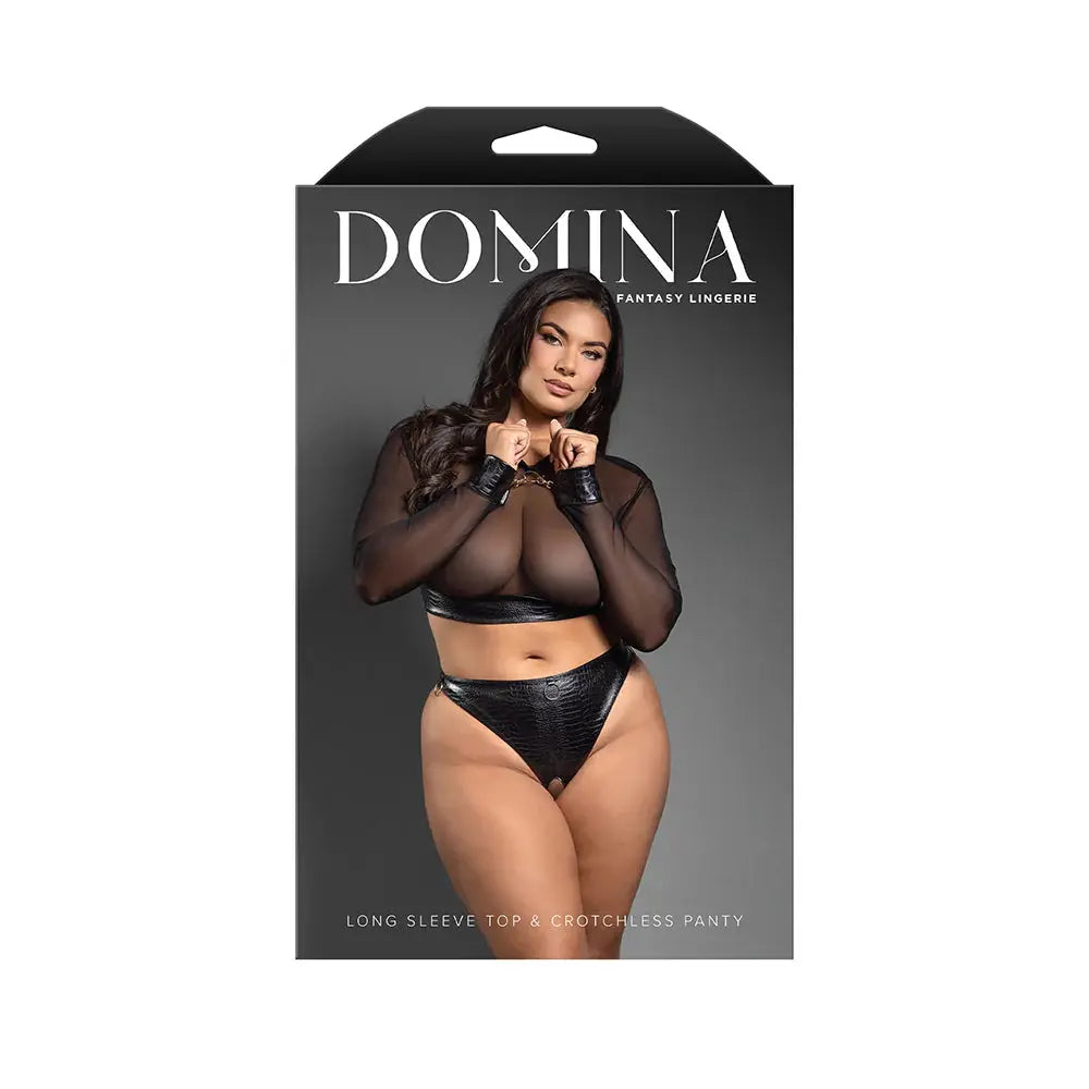 Lingerie - Fetish Wear Faux Leather Plus Lingerie  Mesh Long Sleeve Top and Crotchless Thong Queen Size