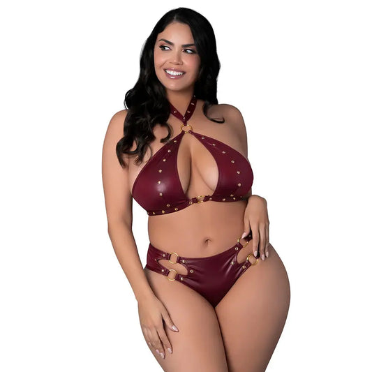 Lingerie - Fetish Wear Lust Fetish Juno Burgundy Wet Look Bondage Outfit Queen Size