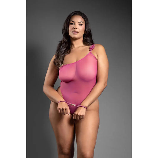Lingerie - Fetish Wear One-Shoulder Mesh Teddy & Matching Rope Cuffs; Gold Hardware Queen Size